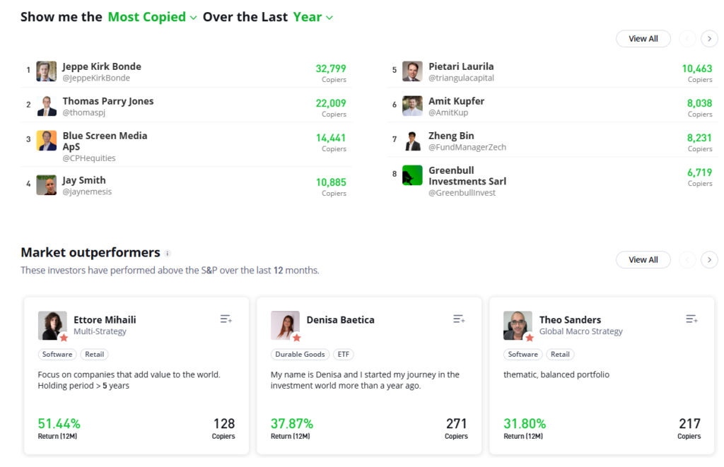 Screenshot of eToro’s CopyTrader feature, showing how users can replicate trades of top-performing investors